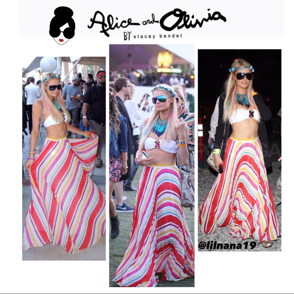 ALICE + OLIVIA Striped Maxi Pleated Long Skirt